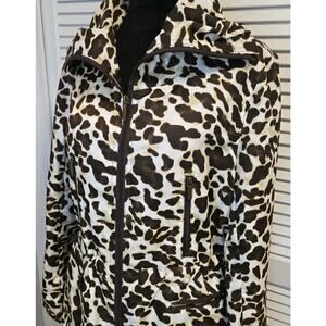 Jones New York Leopard Windbreaker Jacket Brown Tan SMALL Midi Length Drawstring
